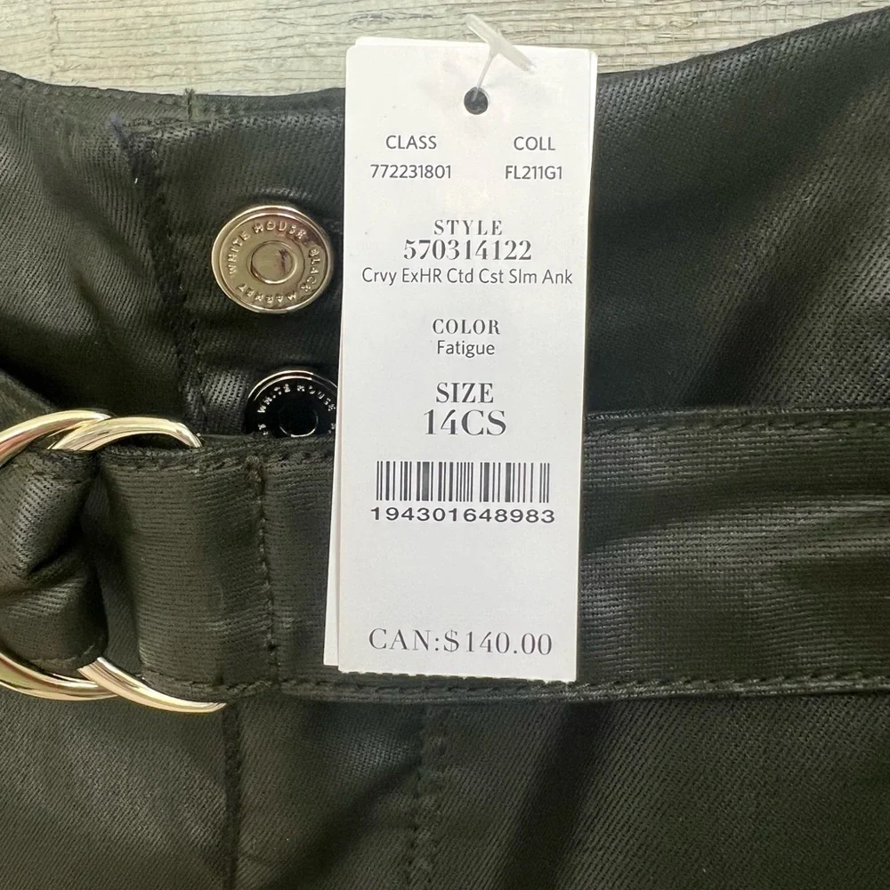 NWT New 14S 14 short Whbm coated denim jeans curvy fatigue green faux leather